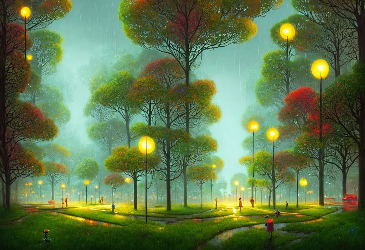 Image similar to beautiful city of the future, overgrown with trees and plants. raining at night with light pole illuminate the patch, nice colour scheme, warm colour. beautiful artistic digital artwork by artist lurid. ( 2 0 2 2 ), gediminas pranckevicius