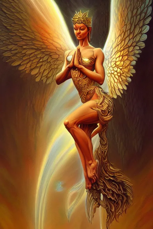 Image similar to angel doing yoga in temple, fantasy, intricate, elegant, highly detailed, digital painting, artstation, concept art, matte, sharp focus art by boris vallejo, smooth, sharp focus, illustration
