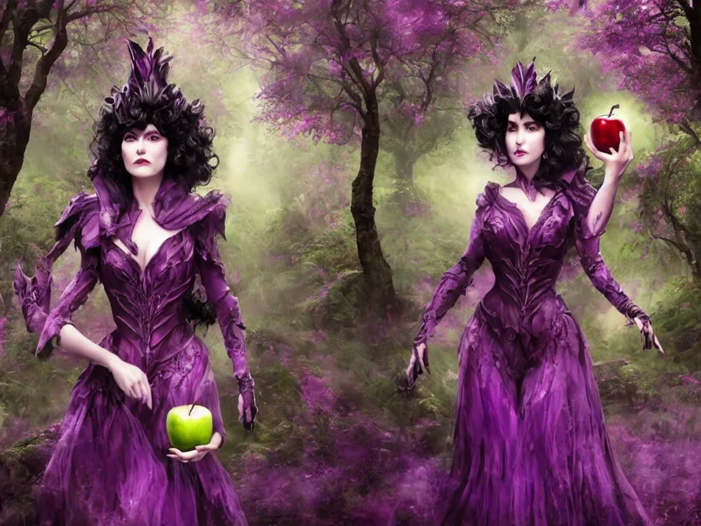 Image similar to evil fantasy queen with black hair holding an apple with both hands in the violet forest dark forest, frame from a fantasy movie, very detailed, cinematic, artstation trending.