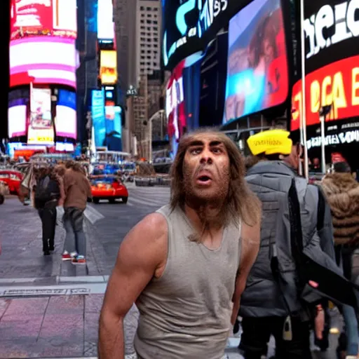 Image similar to a neanderthal confused in times square