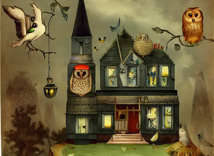 Image similar to a house with a tower, owl, birds, cheese, lowbrow in the style of mark ryden and francisco de goya,