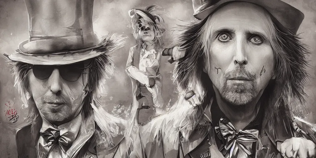 Image similar to tom petty as the mad hatter, contrast, kim jung gi, greg rutkowski, zabrocki, karlkka, jayison devadas, trending on artstation, 8 k, ultra wide angle, zenith view, pincushion lens effect