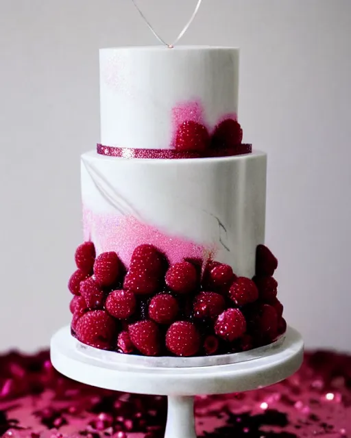 Image similar to elegant marble raspberry wedding cake dripping fondant, stylized, sparkling, glitter, gilding, ornate, sylvain sarrailh, artstation