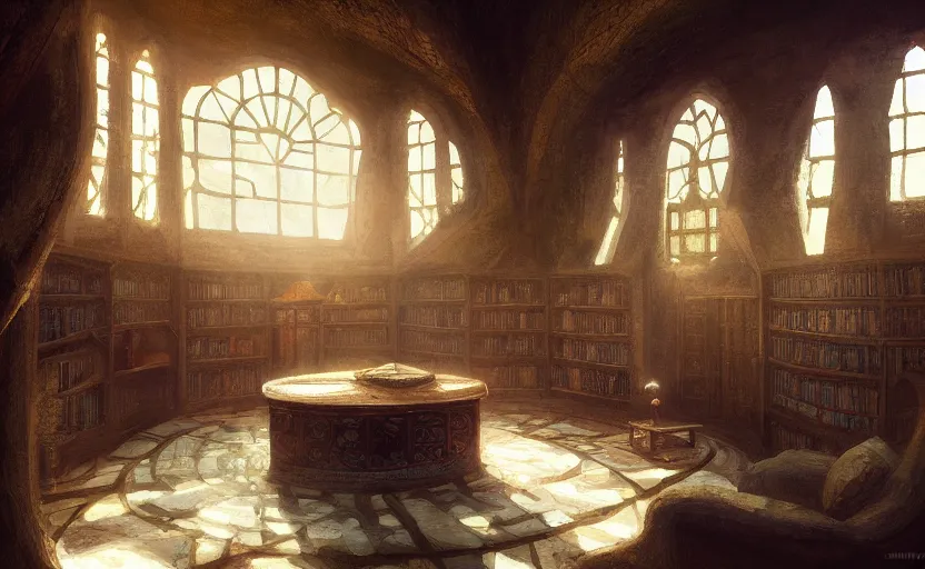 Prompt: painting of an interior of a hidden ring - shaped library overlooking the great room, well maintained, clean, medieval, fantasy genre, natural light, fantasy, photo - realistic, natural light, by craig mullins, cozy atmospheric and cinematic lighting, trending on artstation