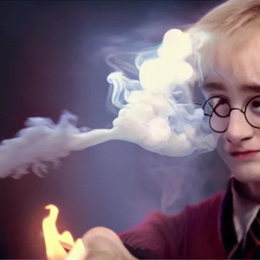 Prompt: harry potter exhaling a huge smoke cloud from his magical wizard bong, film still, cinematic lighting