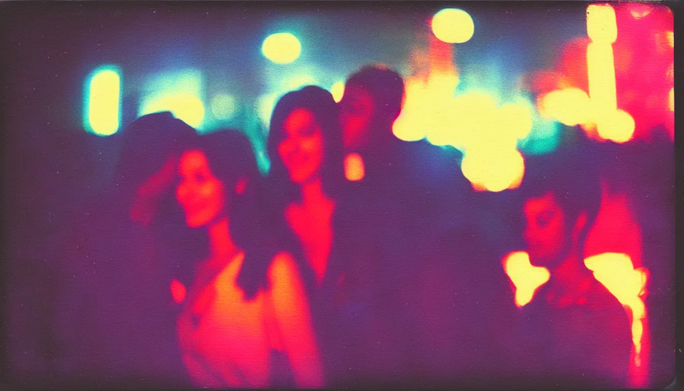 Image similar to colorful instant photograph of a beautiful couple at night, polaroid, light leak, raw, nostalgic