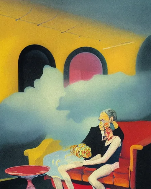 Image similar to old dead couple sitting on a couch and a person inside a large aquarium with clouds at red and yellow art deco interior room in the style of Francis Bacon and Syd Mead, open ceiling, highly detailed, painted by Francis Bacon and Edward Hopper, painted by James Gilleard, surrealism, airbrush, very coherent, triadic color scheme, art by Takato Yamamoto and James Jean