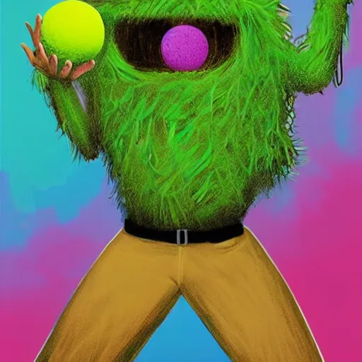 Prompt: a tennis ball monster wearing VR Google playing virtual tennis, digital art, fantasy, magic, trending on artstation, ultra detailed, professional illustration by Basil Gogos