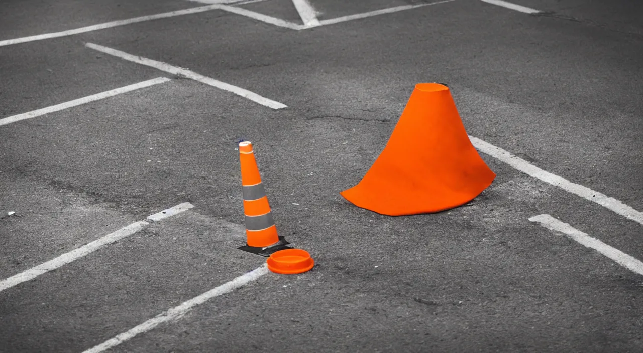 Image similar to Action shot of an orange construction traffic cone smashing the windshield of a single 1993 brown nissan maxima, photo realistic, night, photo realistic, depth of field, award winning, cinematic, color graded