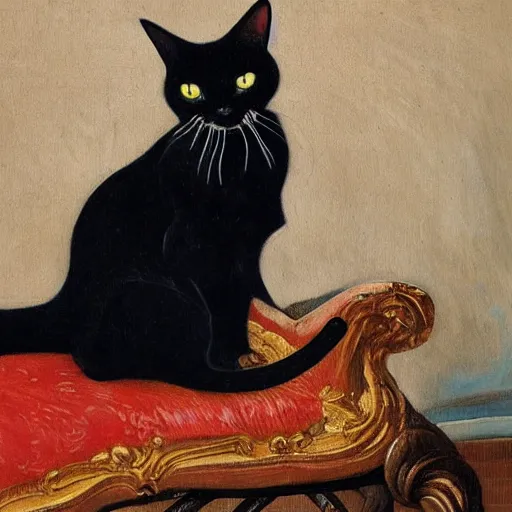 Image similar to detailed oil painting of a cat resting on a couch, 1 9 th century, by mirai mizu, by ralph bakshi, by caravaggio, by georgia o keeffe