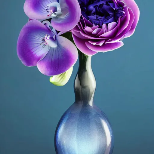 Prompt: blue and purple genetically modified blend of rose lily carnation orchid ranunculus!!! anenome, floral arrangement in futuristic!! vase made of mother of pearl, architectural digest, year 2 3 0 0