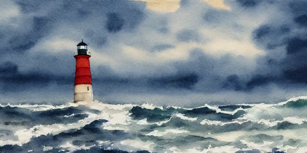 Prompt: stormy sea and dramatic sky, a lighthouse on a cliff, watercolor, artstation, realistic, moody