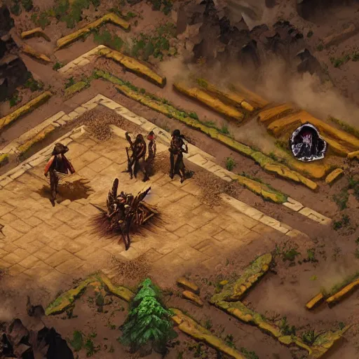 Prompt: an isometric action role playing game in the style of diablo and path of exile, set in a wild west setting, in the desert, with cowboys and monsters, game design, game art, 4 k graphics