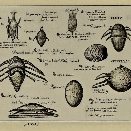 Image similar to an old journal page describing alien life forms with rich illustrations