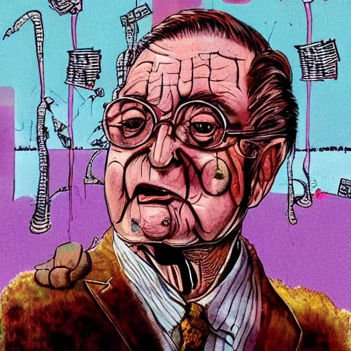 Image similar to George Soros full body shot, dollar bills Body horror, biopunk, by Ralph Steadman, Francis Bacon, Hunter S Thompson