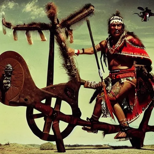 Image similar to Maori warrior on ancient motorcucle with drone by david lachapelle, old photo, vintage