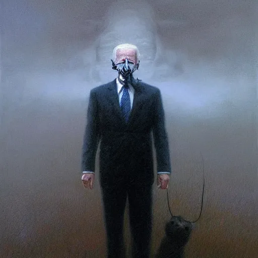 Image similar to presidential portrait of joe biden with shadowy mist pouring from mouth and nose as slenderman, by beksinski, jon mcnaughton, and stephen gammell