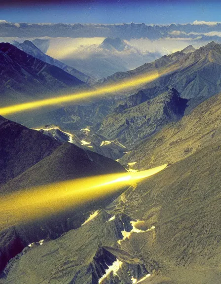 Image similar to vintage color photo of light rays shinning through Cordillera De Los Andes, 8k definition