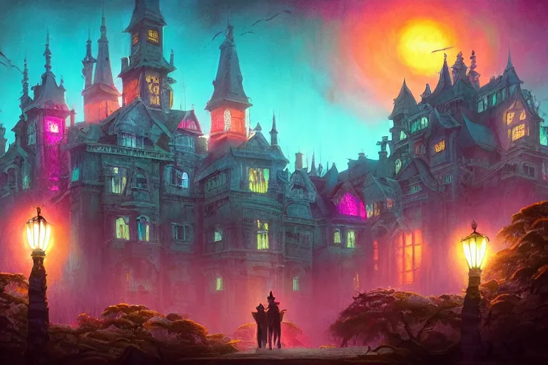 Image similar to matte painting, haunted mansion, infographic with illustrations!!!, glowing lights, epic fantasy, colorfully, digital art, highly saturated colors, concept art, detailed illustration, hd, 4 k, digital art, greg rutkowski, dan mumford, studio ghibli trending on artstation