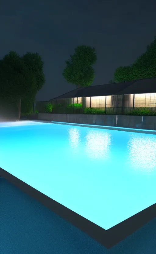 Image similar to swimming pool at night, soft render, volumetric lighting, 3d grainy illustration