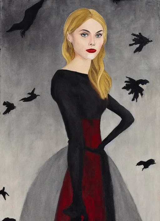 Prompt: a painting of AnnaSophia Robb, frozen cold stare, blood red background and transparent gray dress, crows as a symbol of death, in style of Edward Hopper, John Singer Sargant, American Gothic