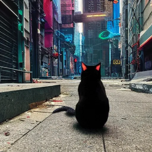 Image similar to a cat with cyberpunk parts in the city