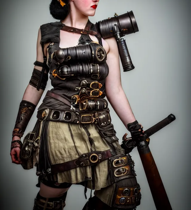 Image similar to full length photograph of a real - life very beautiful dieselpunk warrior. extremely detailed. dslr. 8 5 mm.