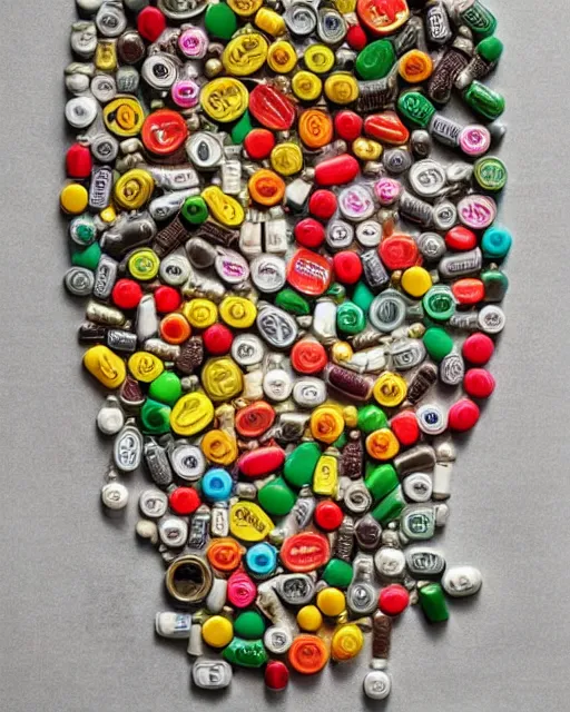 Image similar to will smith made out of pills, human face made out of pills, professional food photography, by giuseppe arcimboldo