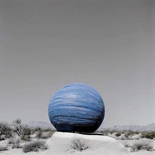 Image similar to an orb-like clay structure sitting in the desert, vintage photo, cinematography, blue sky