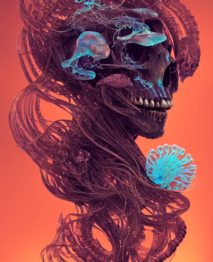 Image similar to goddess close-up portrait animal skull. jellyfish phoenix head, nautilus, orchid, skull, betta fish, bioluminiscent creatures, intricate artwork by Tooth Wu and wlop and beeple. octane render, trending on artstation, greg rutkowski very coherent symmetrical artwork. cinematic, hyper realism, high detail, octane render, 8k