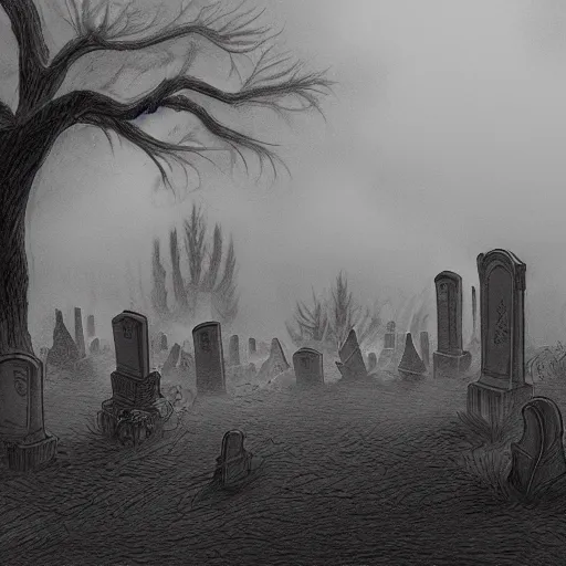 Image similar to an eerie graveyard with ancient tombstones, misty, strands of fog, tomb in background, dark trees arching frame, creepy, night, finely detailed black and white pencil drawing