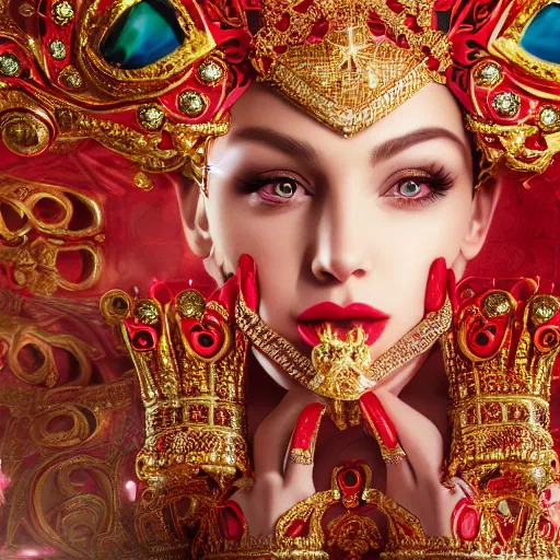 Image similar to wonderful princess with smooth fair skin, alluring eyes, red jewelry, breathtaking, elegant, intricate, ornate backdrop, hyper detailed, accent lighting, 4 k glamour photography, octane render