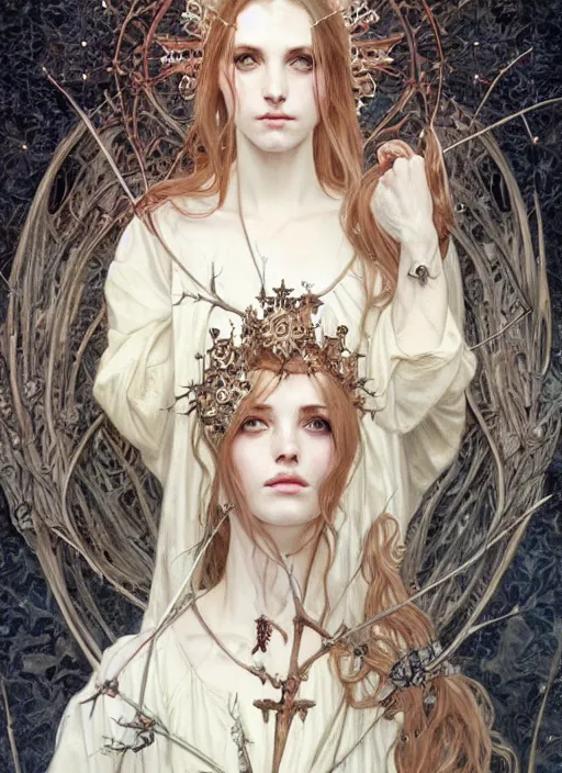 Image similar to beautiful pale gothic maiden with crown of thorns, intricate, elegant, highly detailed, digital painting, artstation, concept art, smooth, sharp focus, illustration, art by artgerm and greg rutkowski and alphonse mucha and Gustav Klimt