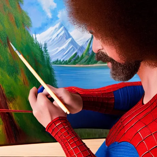 Image similar to a closeup photorealistic photograph of bob ross working on a canvas painting of spiderman. film still. brightly lit scene. mountains and trees. this 4 k hd image is trending on artstation, featured on behance, well - rendered, extra crisp, features intricate detail, epic composition and the style of unreal engine.