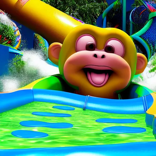 Image similar to multicolor 3 d render of happy monkey sliding down a waterslide by @ combrisi in 4 k ultra high resolution, with funny feeling