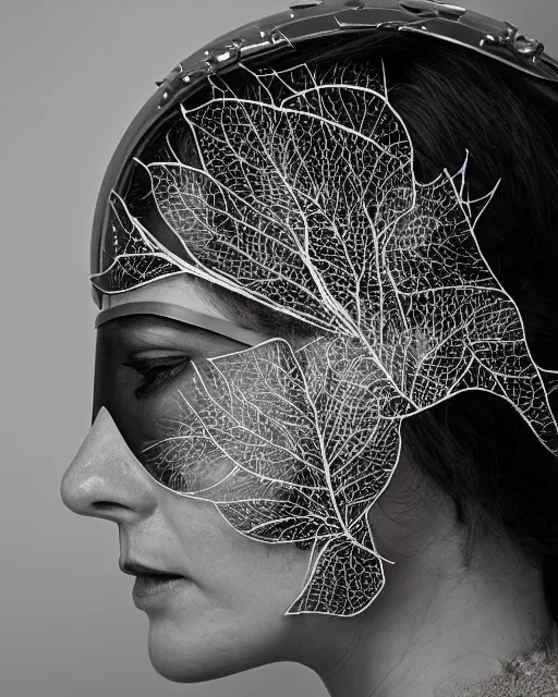 Prompt: a woman's face in profile, wearing a vintage motorcycle helmet made of intricate delicate leaf skeleton, in the style of the dutch masters and gregory crewdson, dark and moody