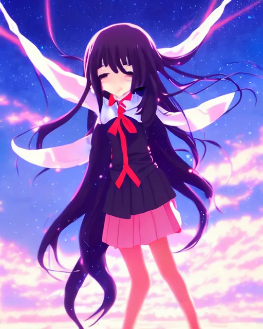 Image similar to anime style, vivid, expressive, full body, 4 k, painting, a cute magical girl with a long wavy black hair wearing a school uniform, defending from asteroid, stunning, realistic light and shadow effects, centered, simple background, studio ghibly makoto shinkai yuji yamaguchi