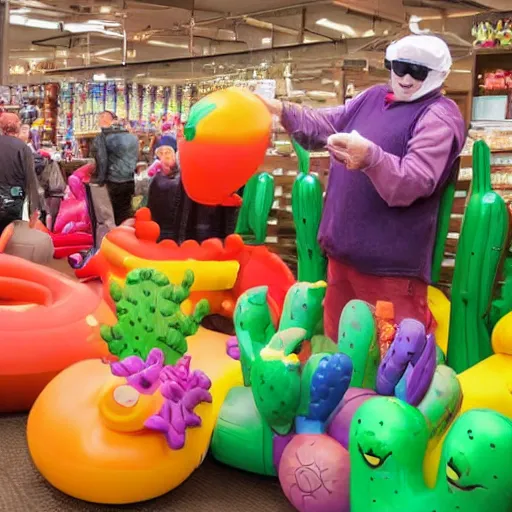 Prompt: clown shopping for inflatables at the cactus store