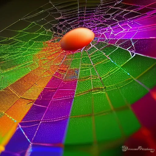 Prompt: hypnotic rainbow spider web with water drops on it. high details. volumetric lighting. high DOF. unreal engine. artstation trending. photorealistic