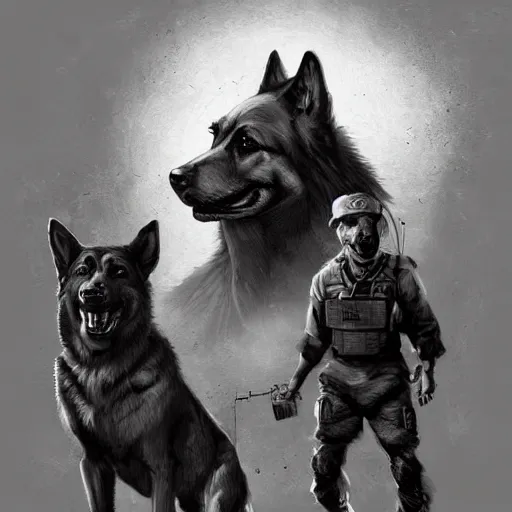 Image similar to two humanoid german shepherds beast - men in military style, they holding a beer, artstation, concept art, smooth, sharp foccus ilustration, artstation