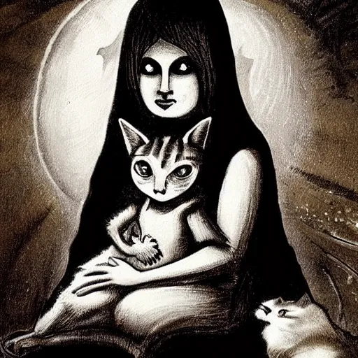 Image similar to it features a woman sitting with a cat on her lap. the woman is a bit spooky looking... her eyes glow with an unearthly light. indeed, she is nearly demonic.