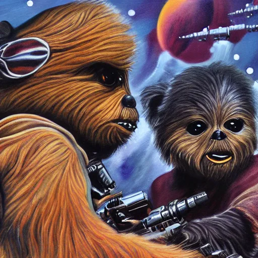 Prompt: a very high detailed painting of teek race ewoks strar wars