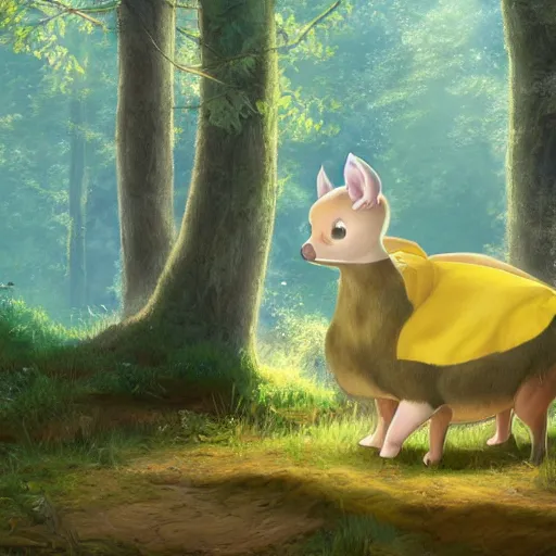 Image similar to concept art painting of an anthropomorphic elderly chubby doe wearing yellow dress, in the deep forest, realistic, detailed, cel shaded, in the style of makoto shinkai and greg rutkowski and james gurney