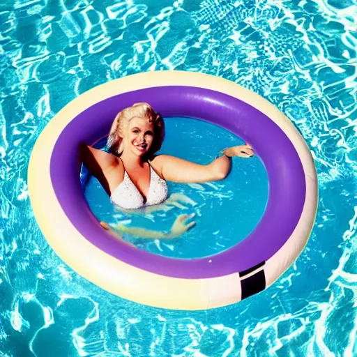 Prompt: Beautiful woman with retro blonde hair and makeup smiling and floating in a circular inflatable plastic raft, in a luxurious pool, overhead shot, fuzzy polaroid photograph, 1960s, hyperrealism