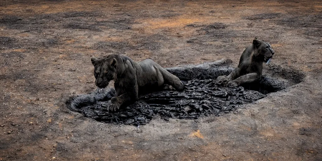 Prompt: a black ferrofluid lioness made of ferrofluid bathing inside the tar pit, full of tar, covered with ferrofluid. dslr, photography, realism, animal photography, color, savanna, wildlife photography