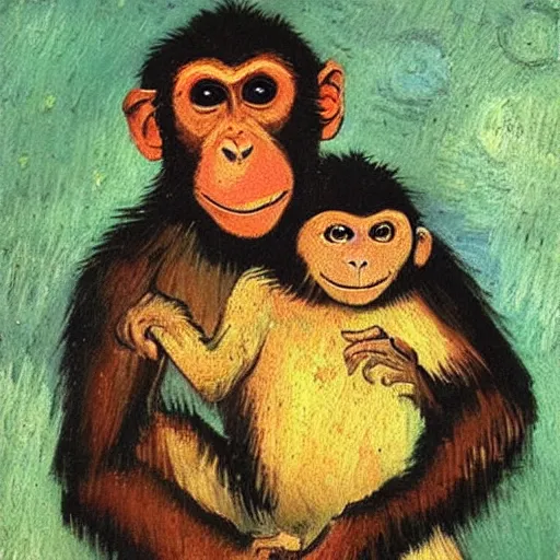 Prompt: a beautiful oil painting of a monkey smiling and hugging a baby human , 8k , award winning , made in 1800's , old , painted by vincent van gogh