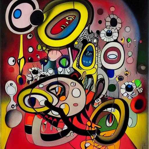 Prompt: Oil painting by Roberto Matta. Strange mechanical beings kissing. Portrait by Takashi Murakami.