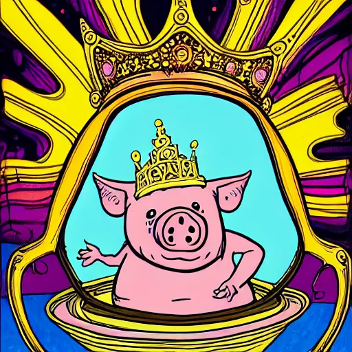 Prompt: trippy comic art of a pig wearing a gold crown eating out of an empty bowl, drawn by Martin Rowson, Tim Burton, Studio Ghibli, Alex Pardee, Nekro Petros Afshar, James McDermott, colors by lisa frank, unstirred paint, vivid color, cgsociety 4K