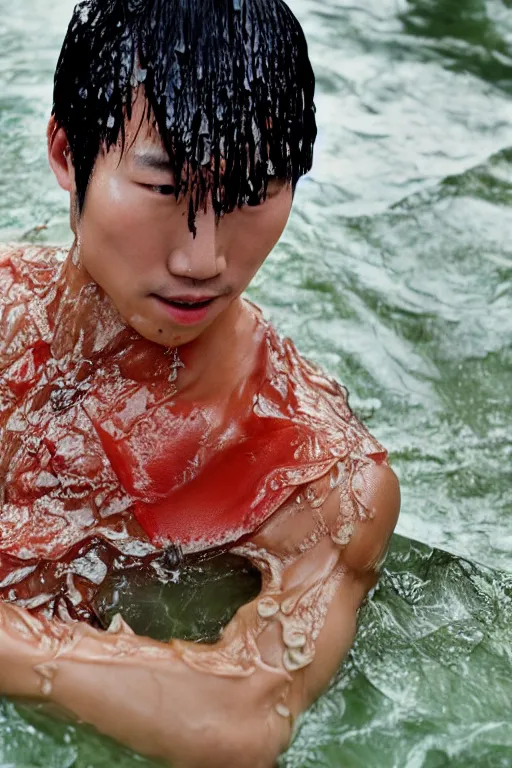 Image similar to a film still of japanese wearing kimono batik, close up face detail, muscular, wet body, model photography, wet dripping hair, emerging from the water