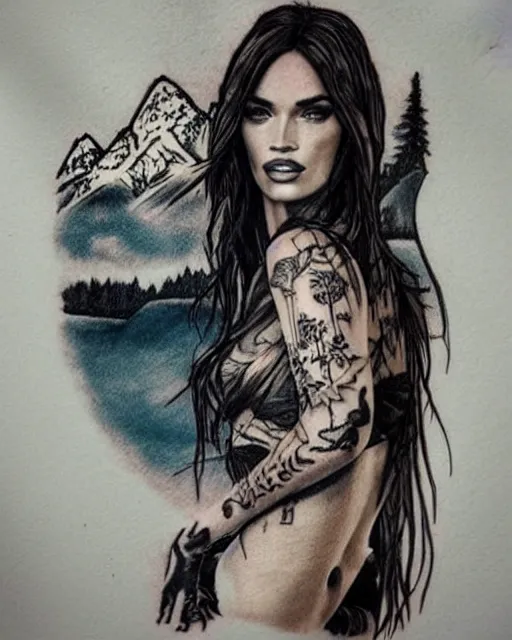 Image similar to double exposure tattoo design sketch of megan fox and beautiful mountains, surrealism tattoo, in the style of matteo pasqualin, amazing detail, sharp